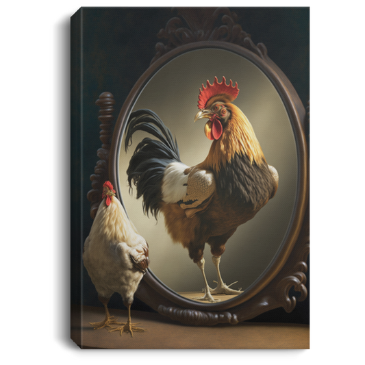 A Rooster Looking Into A Mirror With The Reflection Of A Baby Chicken, Rooster In The Mirror