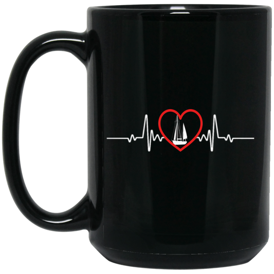 Love Sailing Boat Heartbeat, Sailing Boat And Heart, Love Sailing, Heartbeat Boat Black Mug