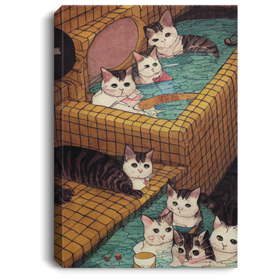 Quirky Underground Comic Style, Watercolor And Collage In Bathing Cats, Bath House Onsen Cats