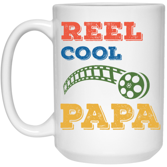 Reel Cool Papa, Dad Gift, Vintage Movie Lover Gift White Mug