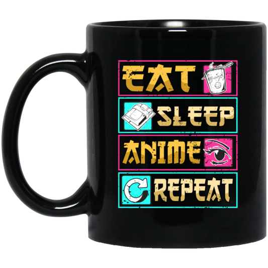 Funny Anime Eat Sleep Repeat Saying, Anime Fan Black Mug