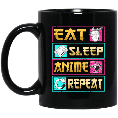 Funny Anime Eat Sleep Repeat Saying, Anime Fan Black Mug