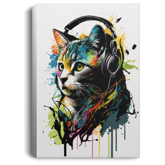 Cat Listening To Music With Headphones, Cat Watercolor, Cat With ColorFull