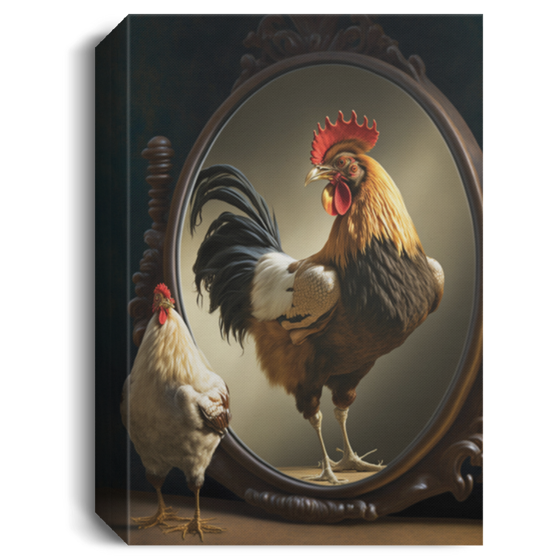 A Rooster Looking Into A Mirror With The Reflection Of A Baby Chicken, Rooster In The Mirror