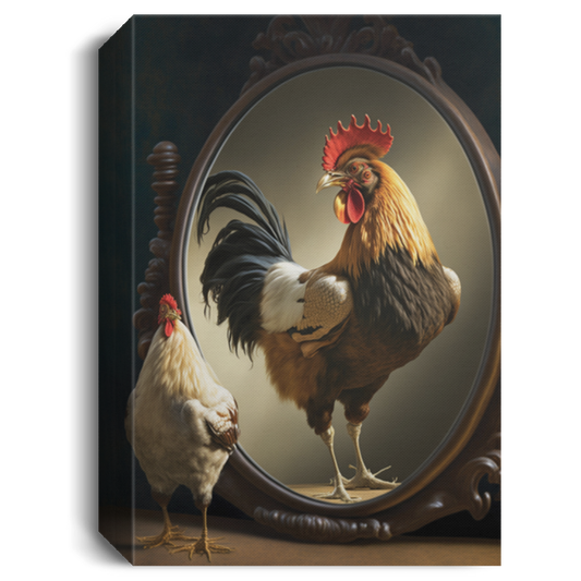 A Rooster Looking Into A Mirror With The Reflection Of A Baby Chicken, Rooster In The Mirror