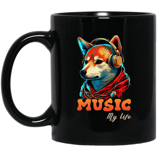 Fox Love Music, Handsome Foxe Wear A Headphone, Music Lover, Music Is My Life Black Mug