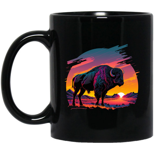 A Bison In Front Of The Sunset, Neon Style, Smooth Lines, Best Of Cow Black Mug