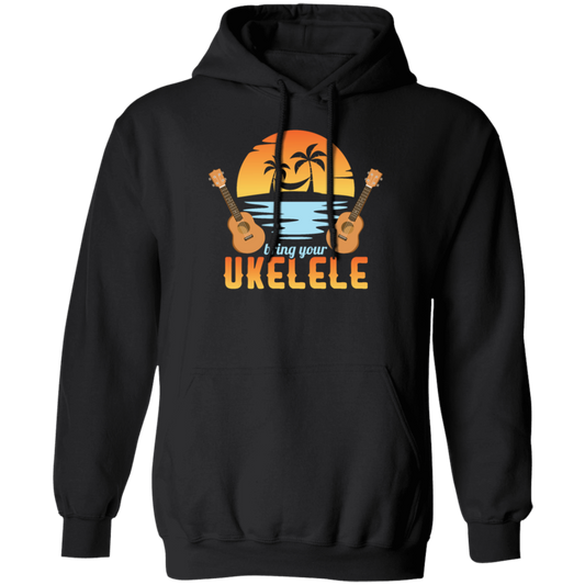 Funny Ukulele Beside The Beach And Palm Tree Hawaiian Musician Pullover Hoodie