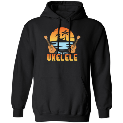 Funny Ukulele Beside The Beach And Palm Tree Hawaiian Musician Pullover Hoodie