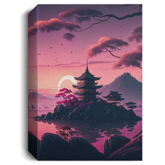 Japanese Temple On An Island In The Distance During A Pink Sunrise Canvas