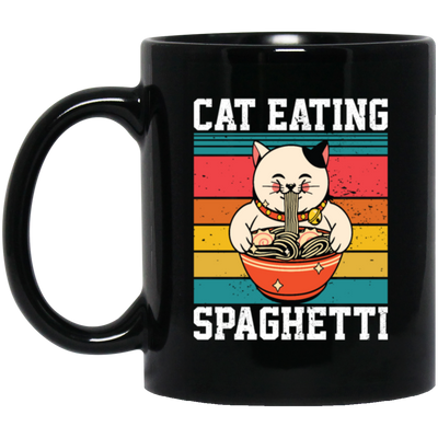 Retro Cat Lover, Cat Eating Spaghetti, Japanese Spaghetti, Love Ramen Black Mug