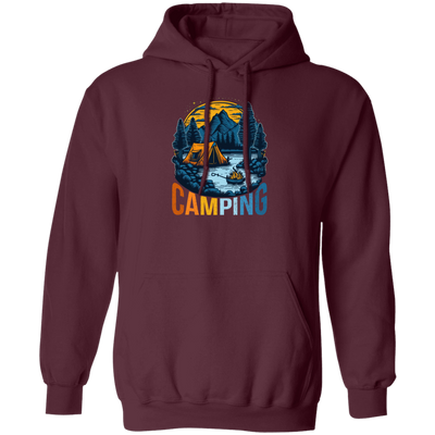 Camping In A Forest, Camping On Lake With Mountain, Retro Style Pullover Hoodie