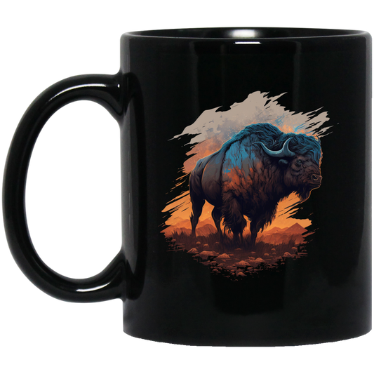 Buffalo Love Gift, Buffalo On A Field, Vintage Style, Cool Buffalo Black Mug