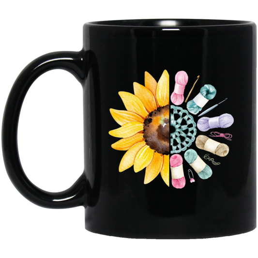 Sunflower Lover, Pretty Sunflower Crocheting Knitting For Women, Love Knitter Black Mug