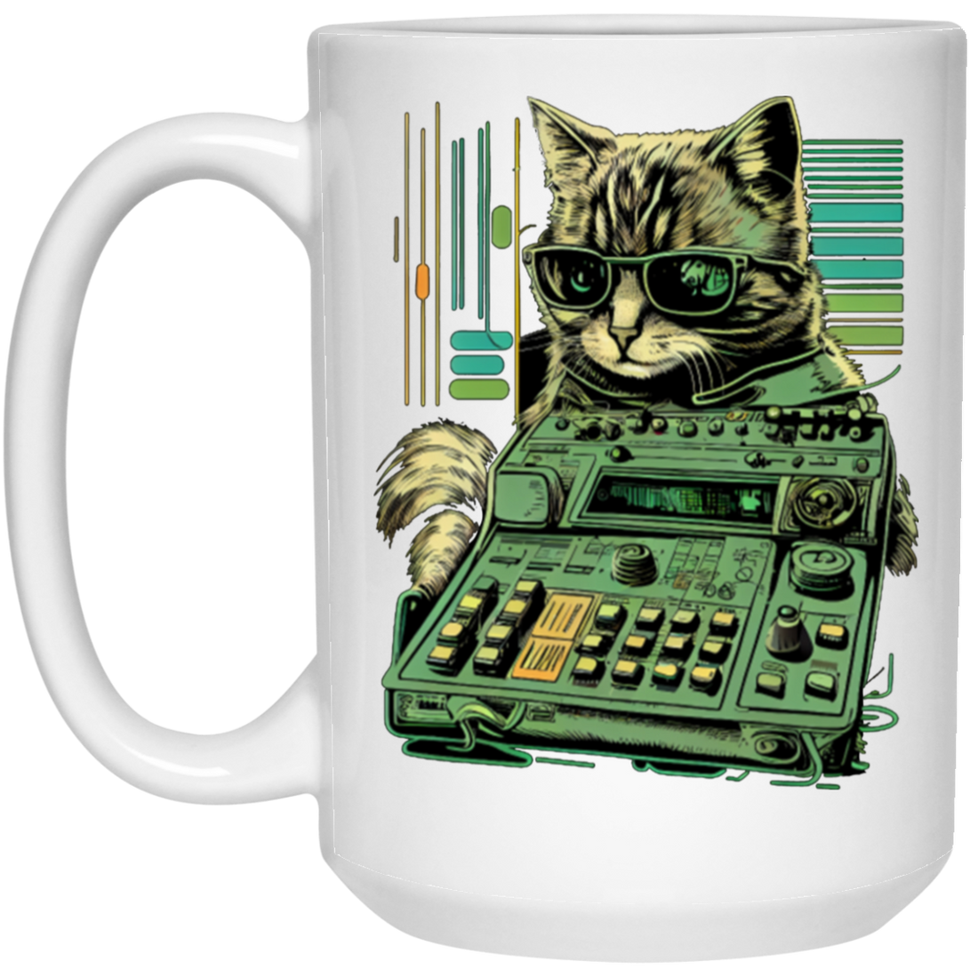 Cat Lover, Cool Cat, Cat Synthesizer, Analogue Synth Vintage Studio Gear White Mug