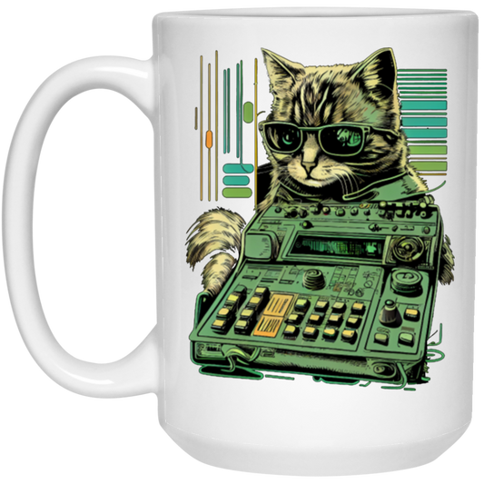 Cat Lover, Cool Cat, Cat Synthesizer, Analogue Synth Vintage Studio Gear White Mug