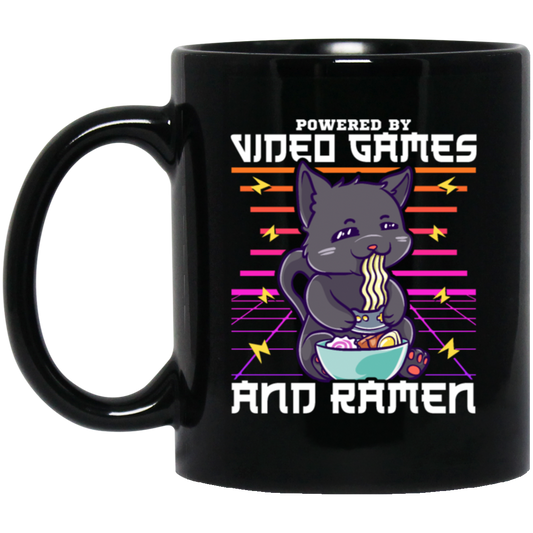 Ramen Anime Cat, Powered By Video Games Black Mug