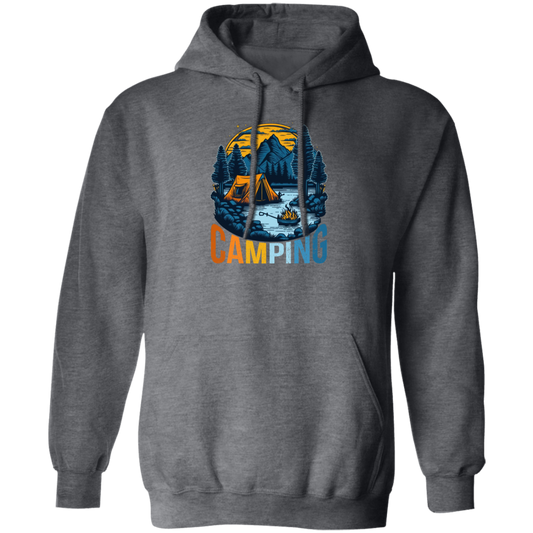 Camping In A Forest, Camping On Lake With Mountain, Retro Style Pullover Hoodie