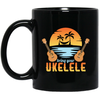 Funny Ukulele Beside The Beach And Palm Tree Hawaiian Musician Black Mug