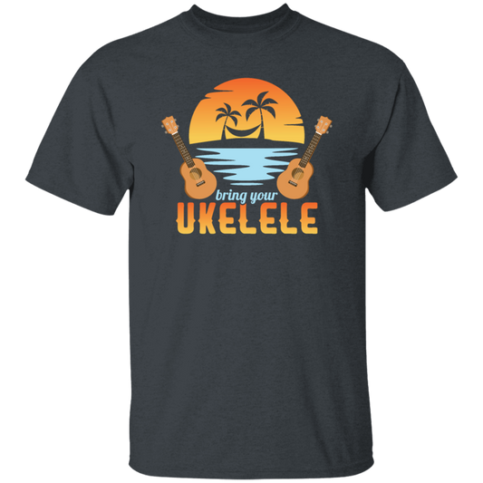 Funny Ukulele Beside The Beach And Palm Tree Hawaiian Musician Unisex T-Shirt