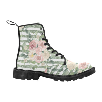 Green Pink Floral Boots, Glitter Martin Boots for Women