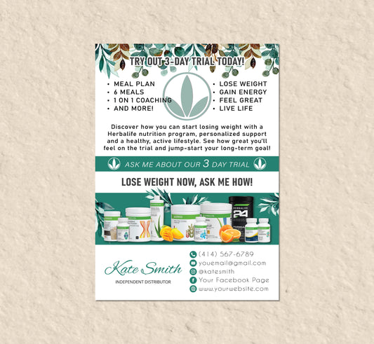 Green Leaves Style Herbalife 3 Days Trial Card, Personalized Herbalife Business Cards HE08