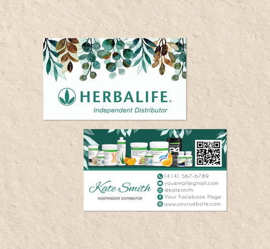 Luxury Herbalife Business Card, Green Leaves Personalized Herbalife Custom QR Cards HE08