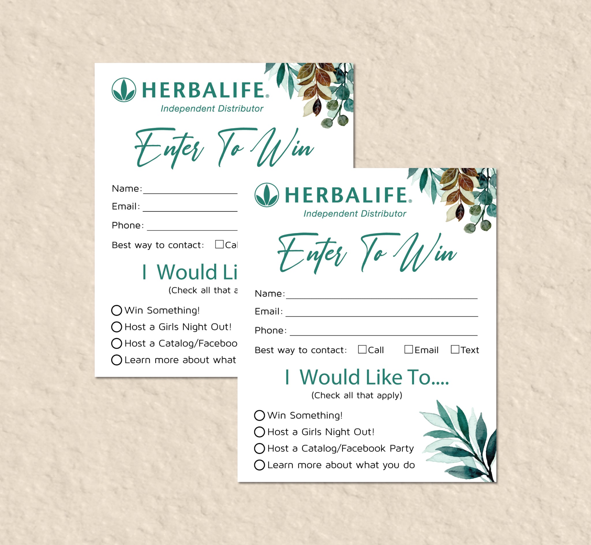 Luxury Herbalife Enter To Win Card, Green Leaves Personalized Herbalife Business Card HE08