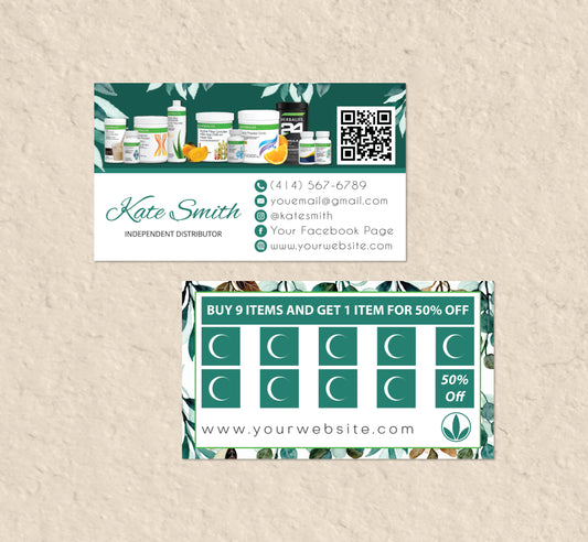 Green Leaves Style Herbalife Loyalty Card, Personalized Herbalife Custom QR Cards HE08