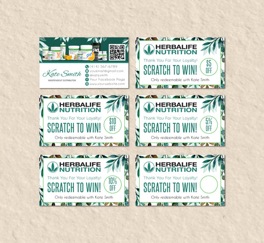Green Leaves Herbalife Scratch To Win Card, Personalized Herbalife Custom QR Cards HE08