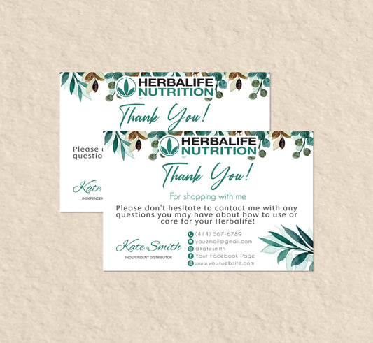 Luxury Herbalife Thank You Card, Green Leaves Personalized Herbalife Business Card HE08