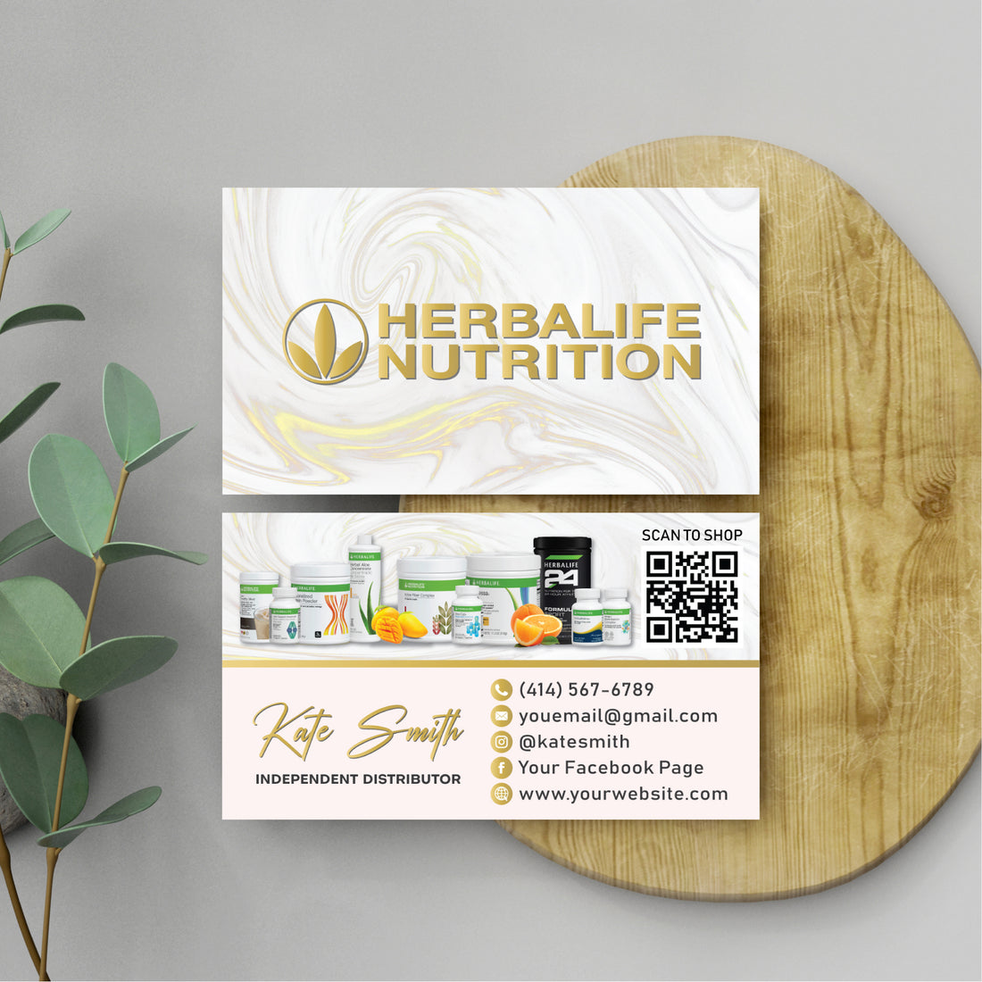 Gold Style Herbalife Marketing Bundle, Personalized Herbalife Business Cards HE09