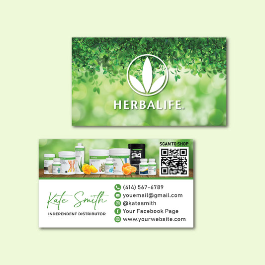 Natural Herbalife Business Card, Green Leaves Personalized Herbalife Custom QR Cards HE11