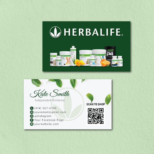 Fresh Green Herbalife QR Code Business Card, Personalized Herbalife Business Cards HE14