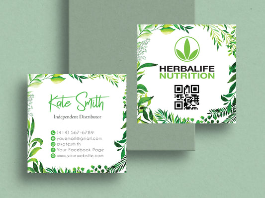 Hand Drawn Leaves Herbalife Business Card, Personalized Herbalife Custom QR Cards HE19