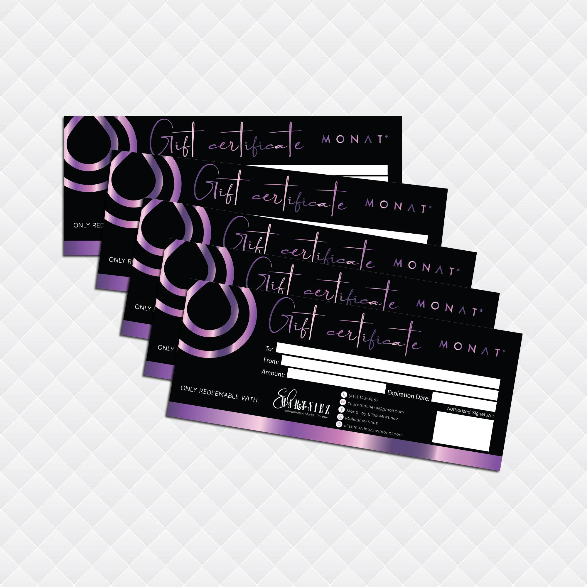 Purple Bronze Luxury Monat Gift Certificate, Gift Voucher, Personalized Monat Business Cards MN144