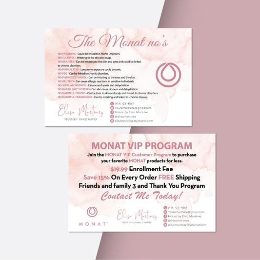 Pink Monat No's - VIP Program Card, Personalized Monat QR Business Cards MN201