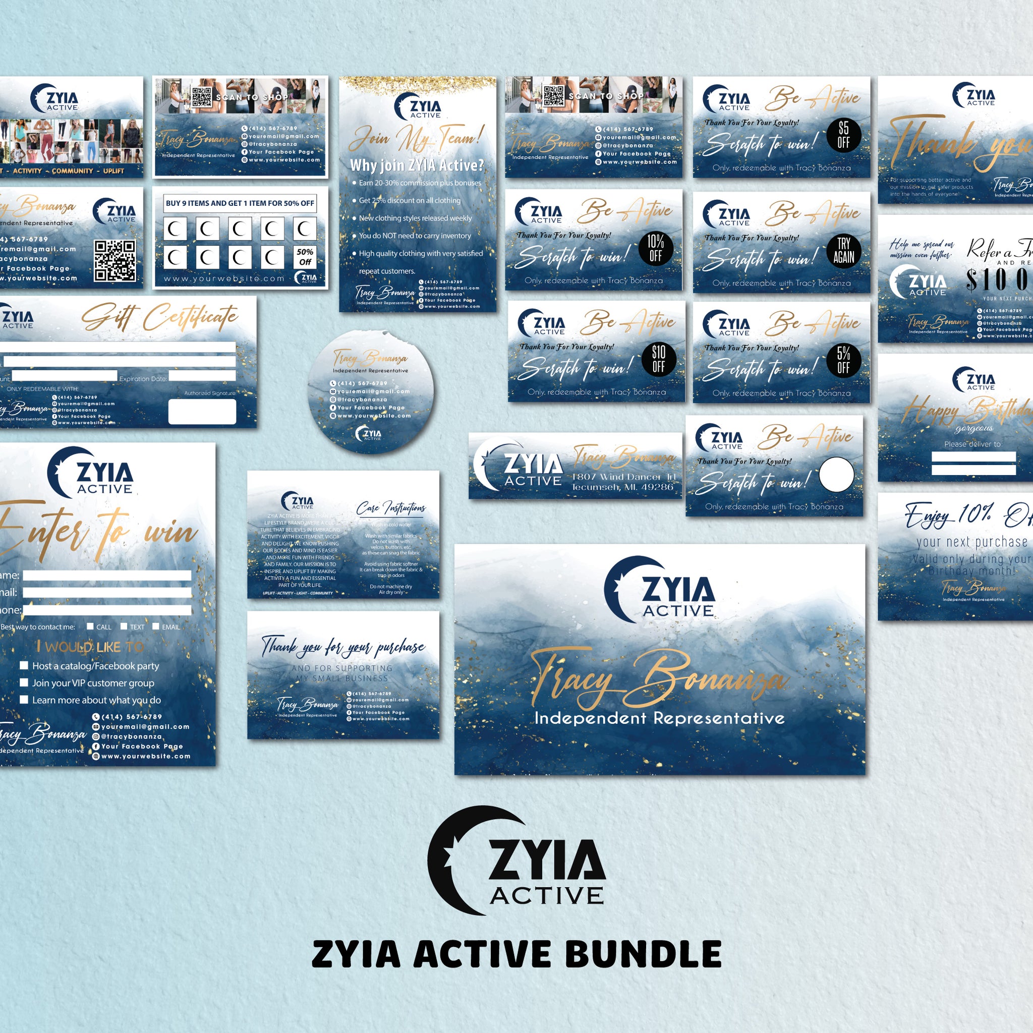 Blue Gold Luxury ZYIA Marketing Bundle, Zyia Active Business Cards, Active Business Cards ZA44