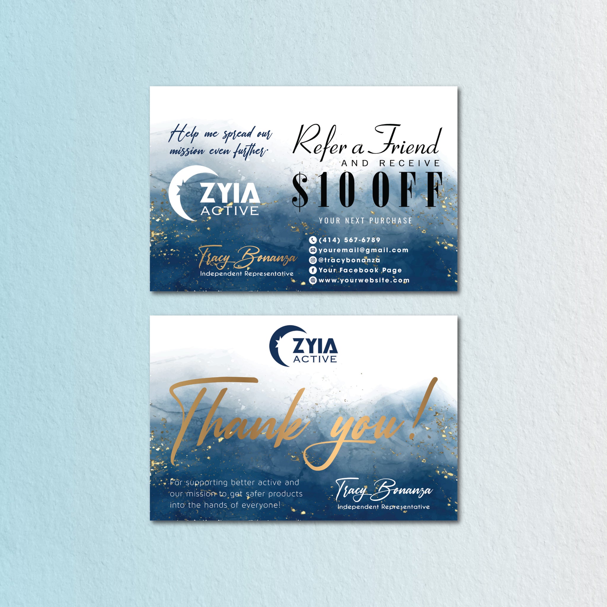 Blue Gold Luxury Zyia Referal Card, Personalized Zyia Active Cards Custom QR Code ZA44