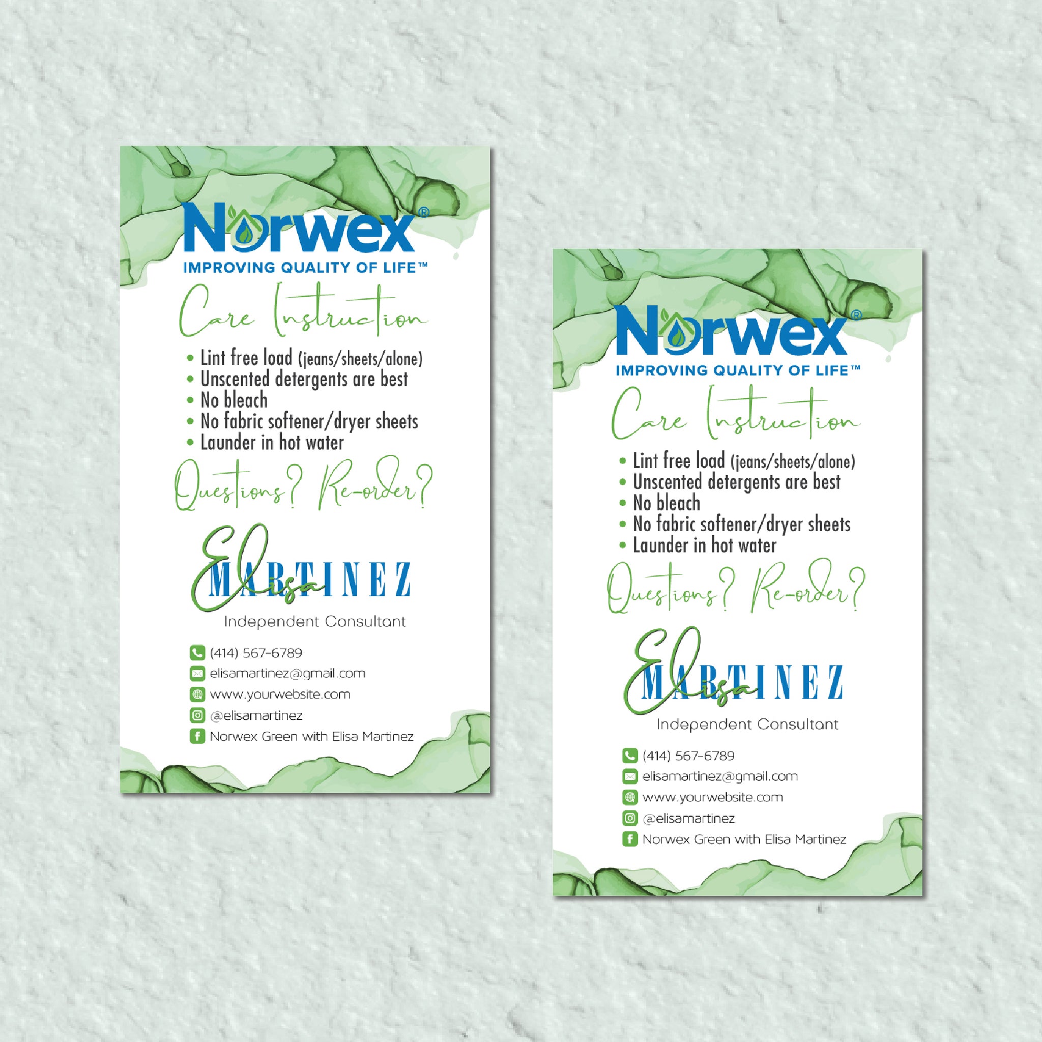 Green Norwex Care Instruction Card, Personalized Norwex Business Card NR30