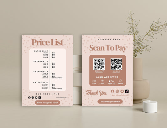 Brown Boho Style Price List And Scan To Pay On Canva, Canva Template, Digital Download PL02