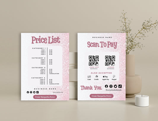 Pink Glitter Price List And Scan To Pay On Canva, Canva Template, Digital Download PL01