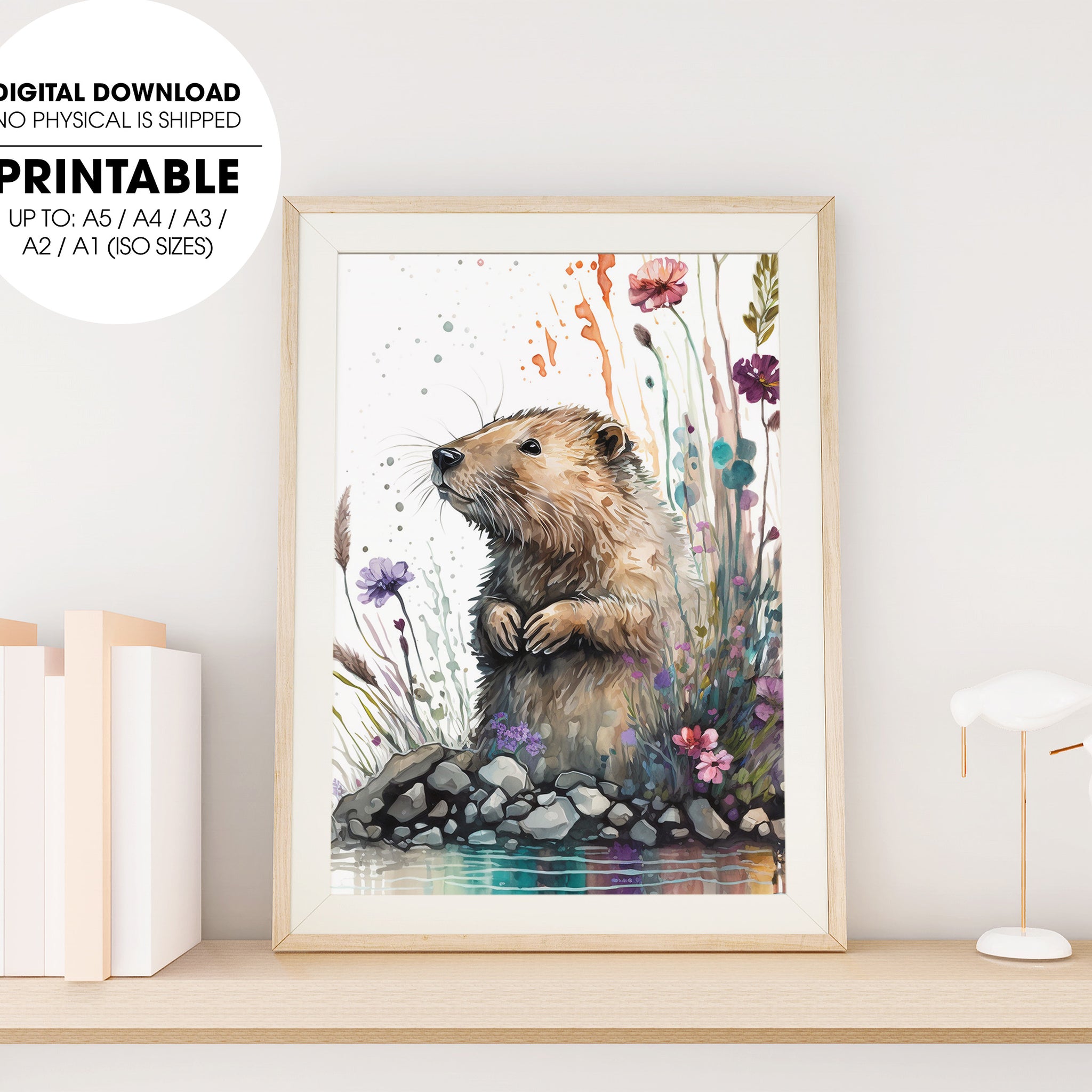 An Addorable Baby Beaver, Beaver Lover Art, Watercolor Bear, Poster Design, Printable Art