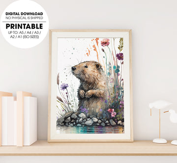 An Addorable Baby Beaver, Beaver Lover Art, Watercolor Bear, Poster Design, Printable Art