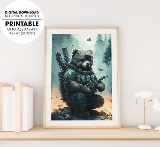 A Cute Bear With A Solemn Expression In A World, Bear Soldier, Poster Design, Printable Art