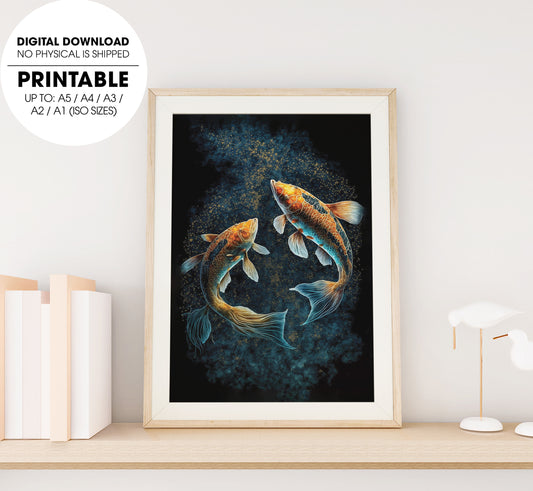 Beautiful Koi Painting Lung Ling, Two Koi Swimming Underwater, Poster Design, Printable Art