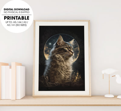 Majestic Kitten Superimposed By The Moon, Big Cat, Giant Cute Cat, Poster Design, Printable Art