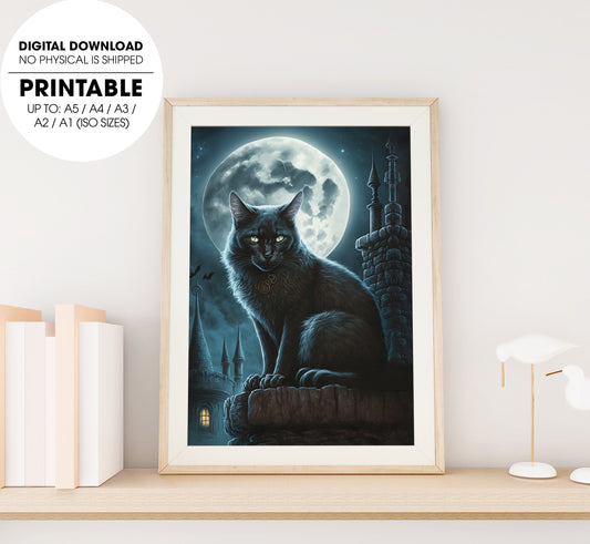 Night Time Magical Cat Under The Full Moon, Cool Black Cat, Poster Design, Printable Art