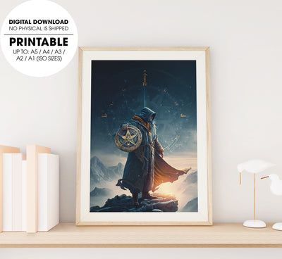 Sorcerer Standing On The Mountain, The Warrior Holds The Shield, Poster Design, Printable Art