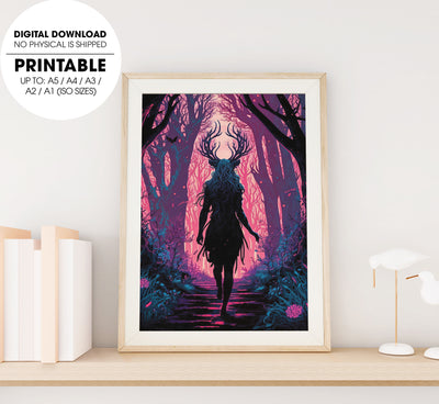 Dusky Hued Lady Satan Walking Through Psychedelic Forest, Poster Design, Printable Art
